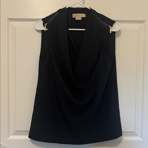 Michael Kors Navy Blue Drape Blouse with Gold Zipper Accents